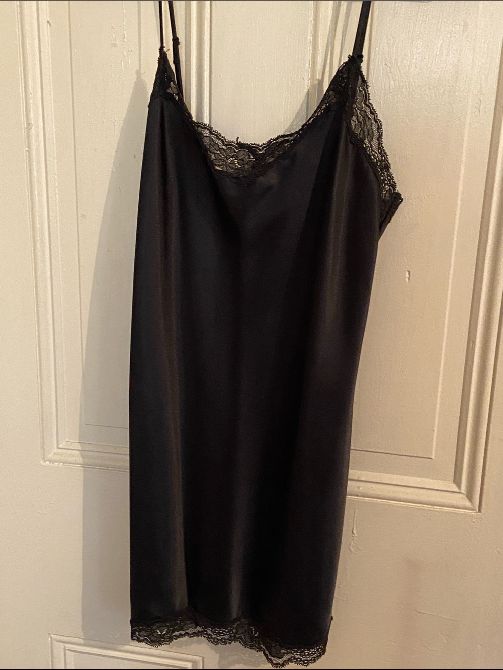 Satin Lace-Trim Black Slip Chemise